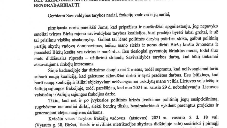Biržų rajono mero Vyto Jarecko raštas Biržų rajono mero Vyto Jarecko raštas